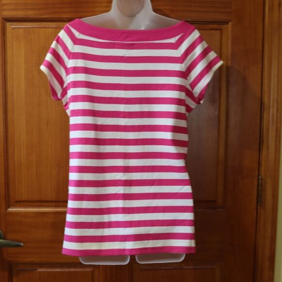 Dress Barn Pink & White Striped Boat Neck Shirt Top Blouse LG - Picture 5 of 8